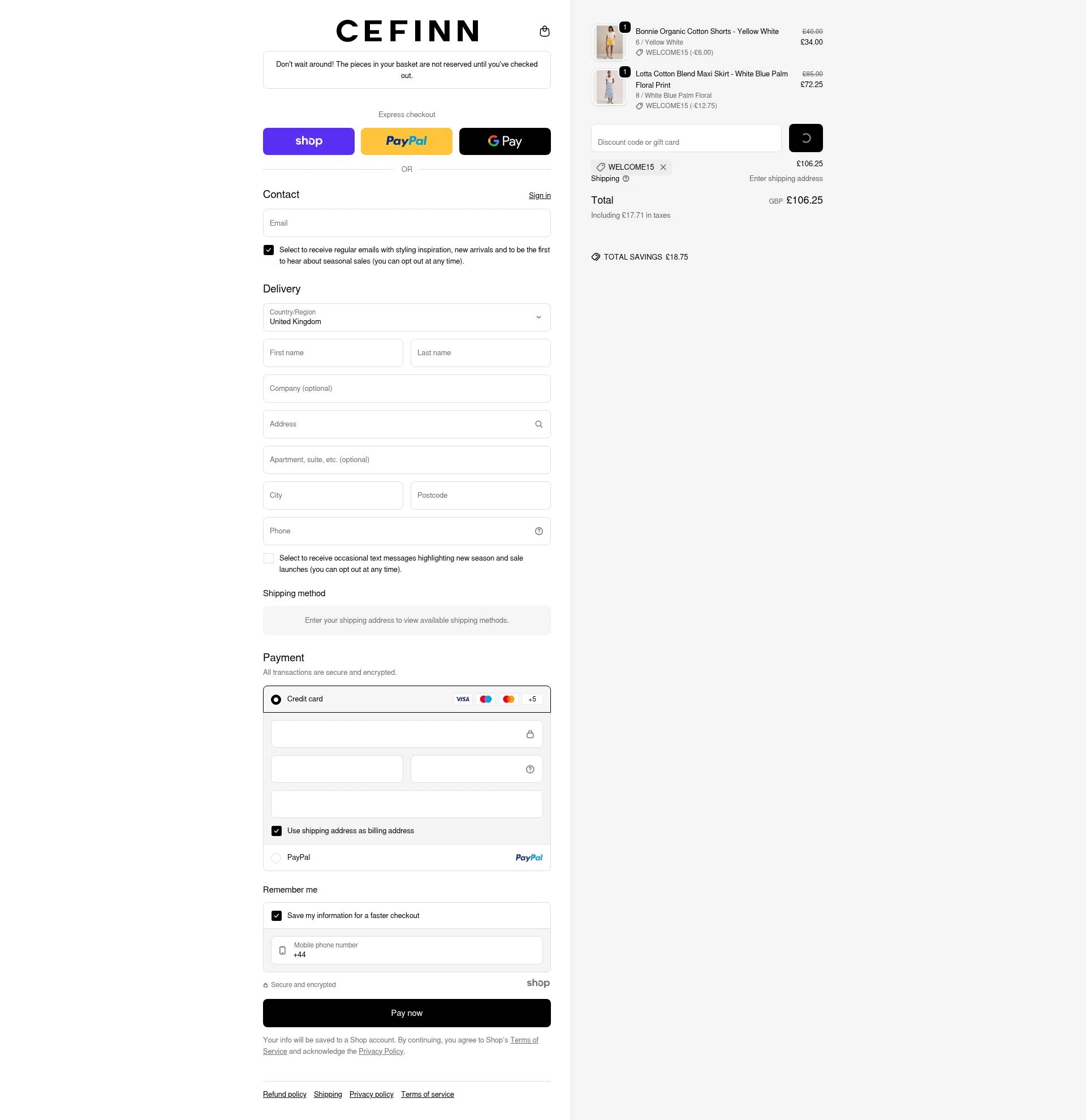 Cefinn checkout page showing Cefinn discount code box | Screenshot taken by SimplyCodes community member on Jan 2, 2026