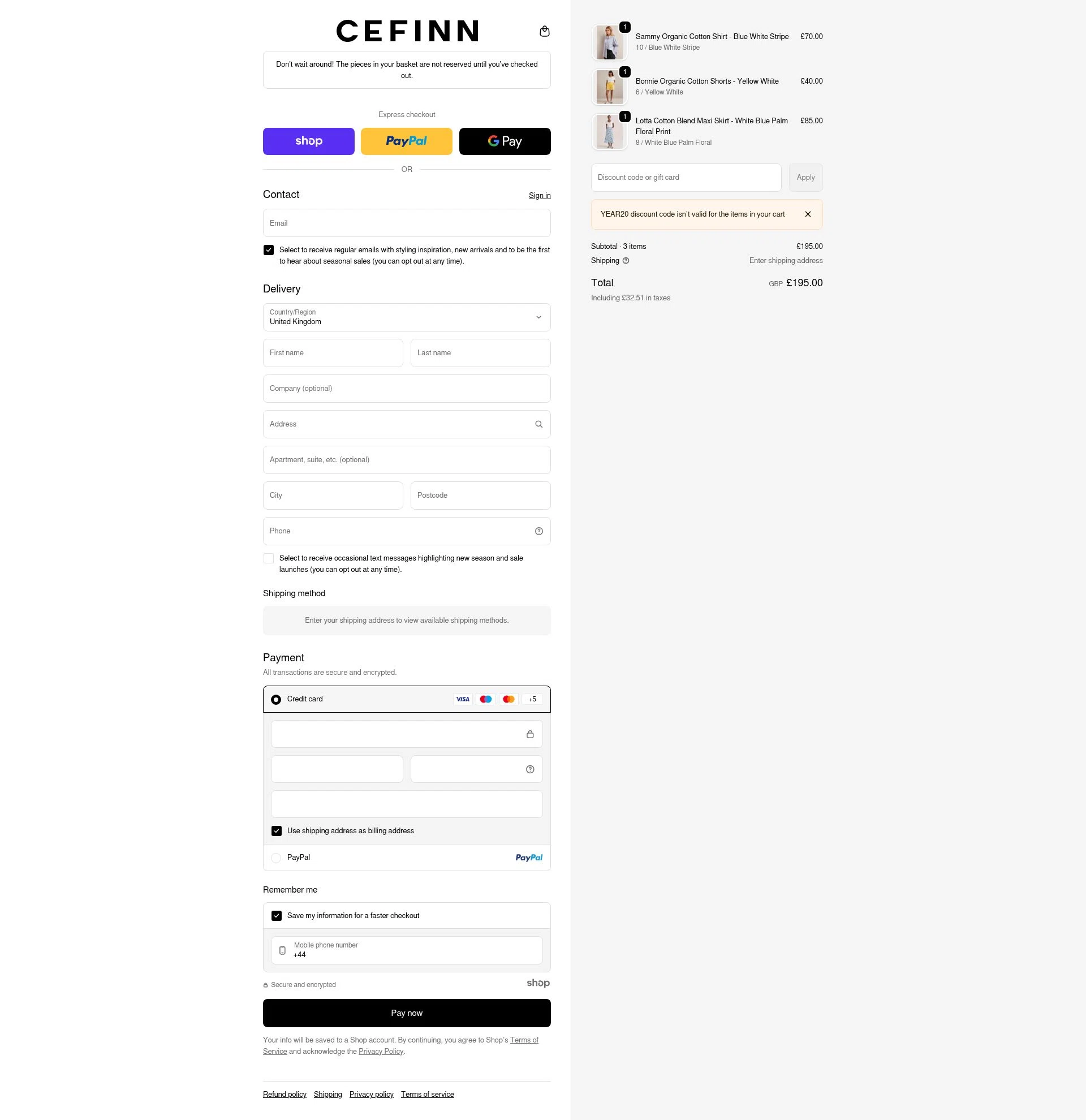 Cefinn checkout page showing Cefinn discount code box | Screenshot taken by SimplyCodes community member on Dec 28, 2025