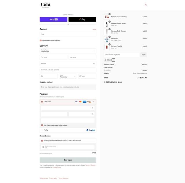 Céla checkout page showing Céla discount code box | Screenshot taken by SimplyCodes community member on Jan 9, 2025