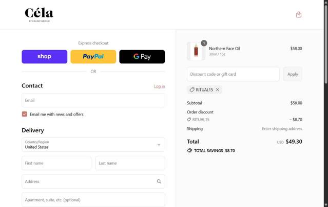 Céla checkout page showing Céla discount code box | Screenshot taken by SimplyCodes community member on Sep 6, 2025