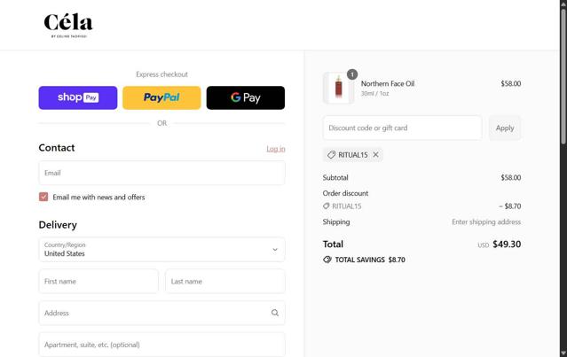 Céla checkout page showing Céla discount code box | Screenshot taken by SimplyCodes community member on Aug 8, 2025