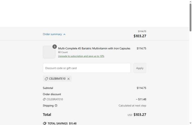 Celebrate Vitamins checkout page showing Celebrate Vitamins coupon code box | Screenshot taken by SimplyCodes community member on Jun 20, 2025