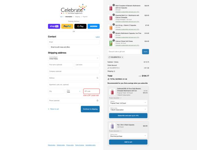 Celebrate Vitamins checkout page showing Celebrate Vitamins coupon code box | Screenshot taken by SimplyCodes community member on Jul 13, 2025