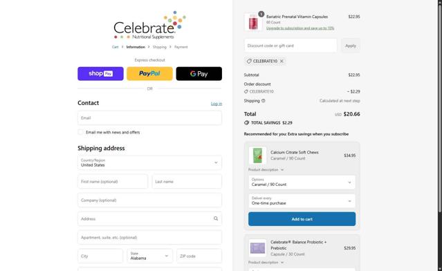 Celebrate Vitamins checkout page showing Celebrate Vitamins coupon code box | Screenshot taken by SimplyCodes community member on Aug 11, 2025