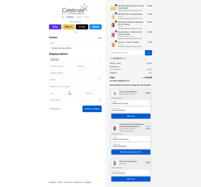 Celebrate Vitamins checkout page showing Celebrate Vitamins coupon code box | Screenshot taken by SimplyCodes community member on Sep 1, 2025