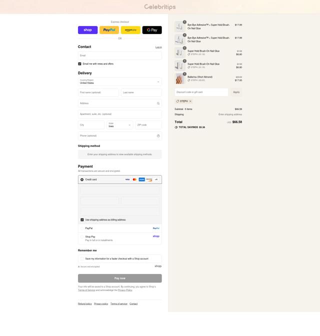 Celebritips checkout page showing Celebritips promo code box | Screenshot taken by SimplyCodes community member on Sep 8, 2025