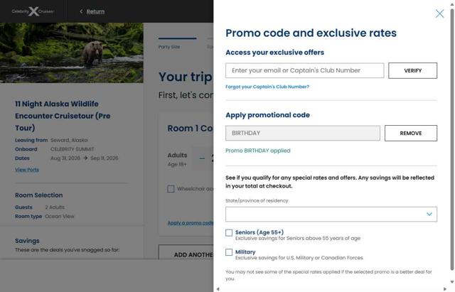 Celebrity X Cruises checkout page showing Celebrity X Cruises promo code box | Screenshot taken by SimplyCodes community member on Sep 4, 2025