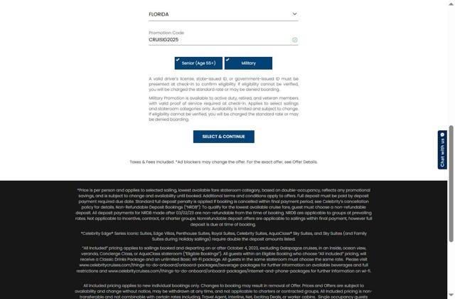 Celebrity X Cruises checkout page showing Celebrity X Cruises promo code box | Screenshot taken by SimplyCodes community member on Aug 20, 2025