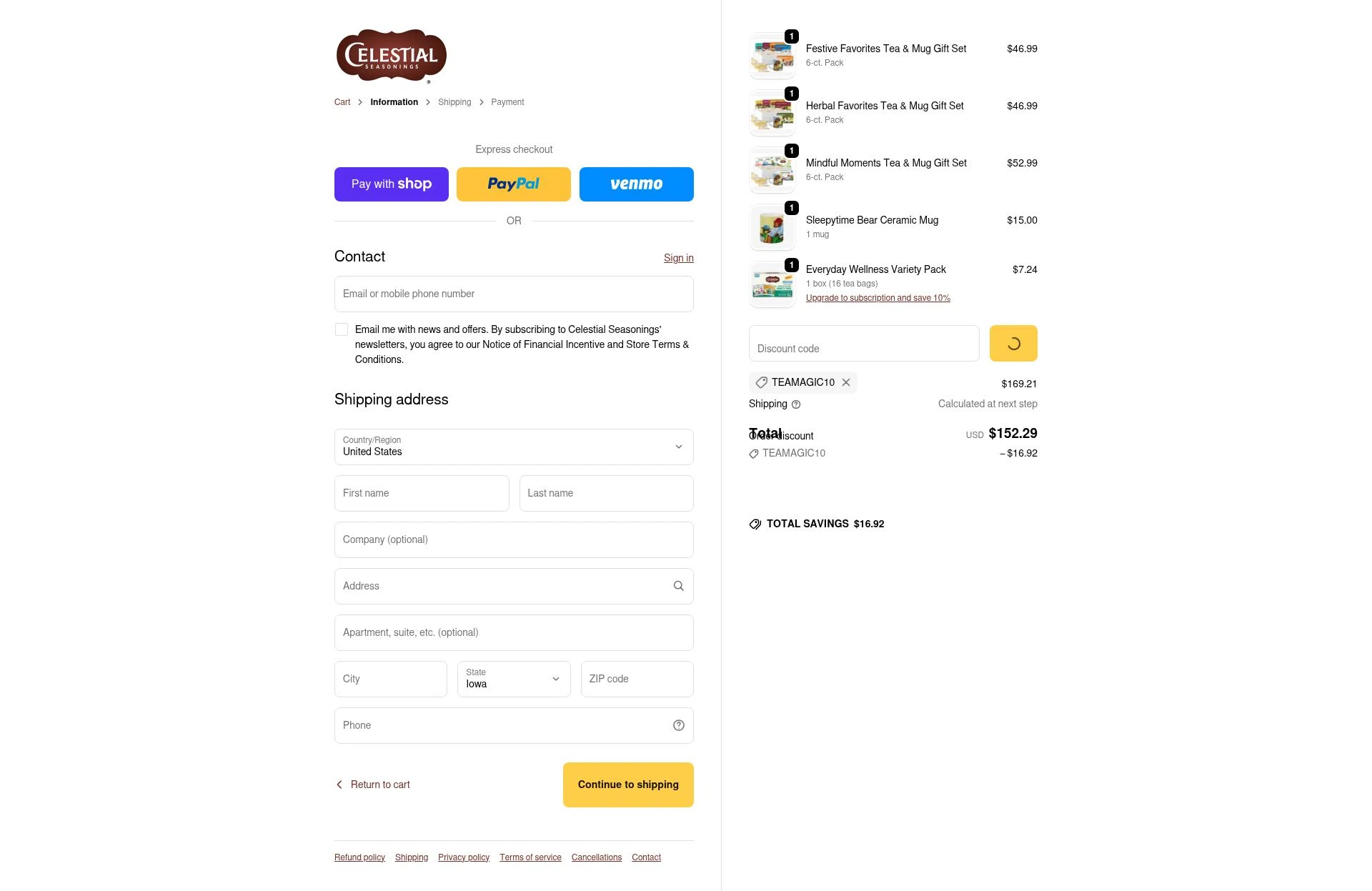 Celestial Seasonings checkout page showing Celestial Seasonings promo code box | Screenshot taken by SimplyCodes community member on Jan 7, 2026