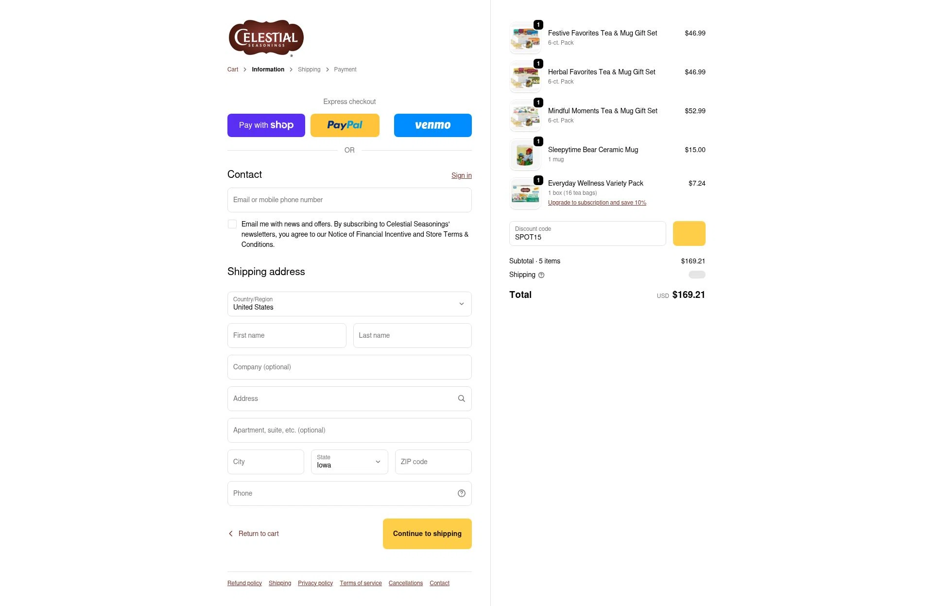 Celestial Seasonings checkout page showing Celestial Seasonings promo code box | Screenshot taken by SimplyCodes community member on Jan 7, 2026
