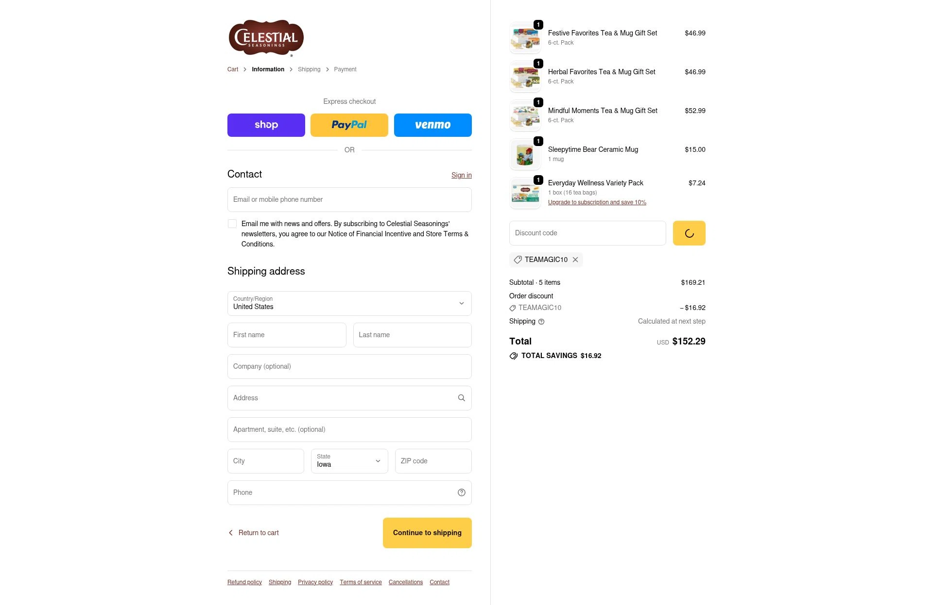 Celestial Seasonings checkout page showing Celestial Seasonings promo code box | Screenshot taken by SimplyCodes community member on Jan 2, 2026
