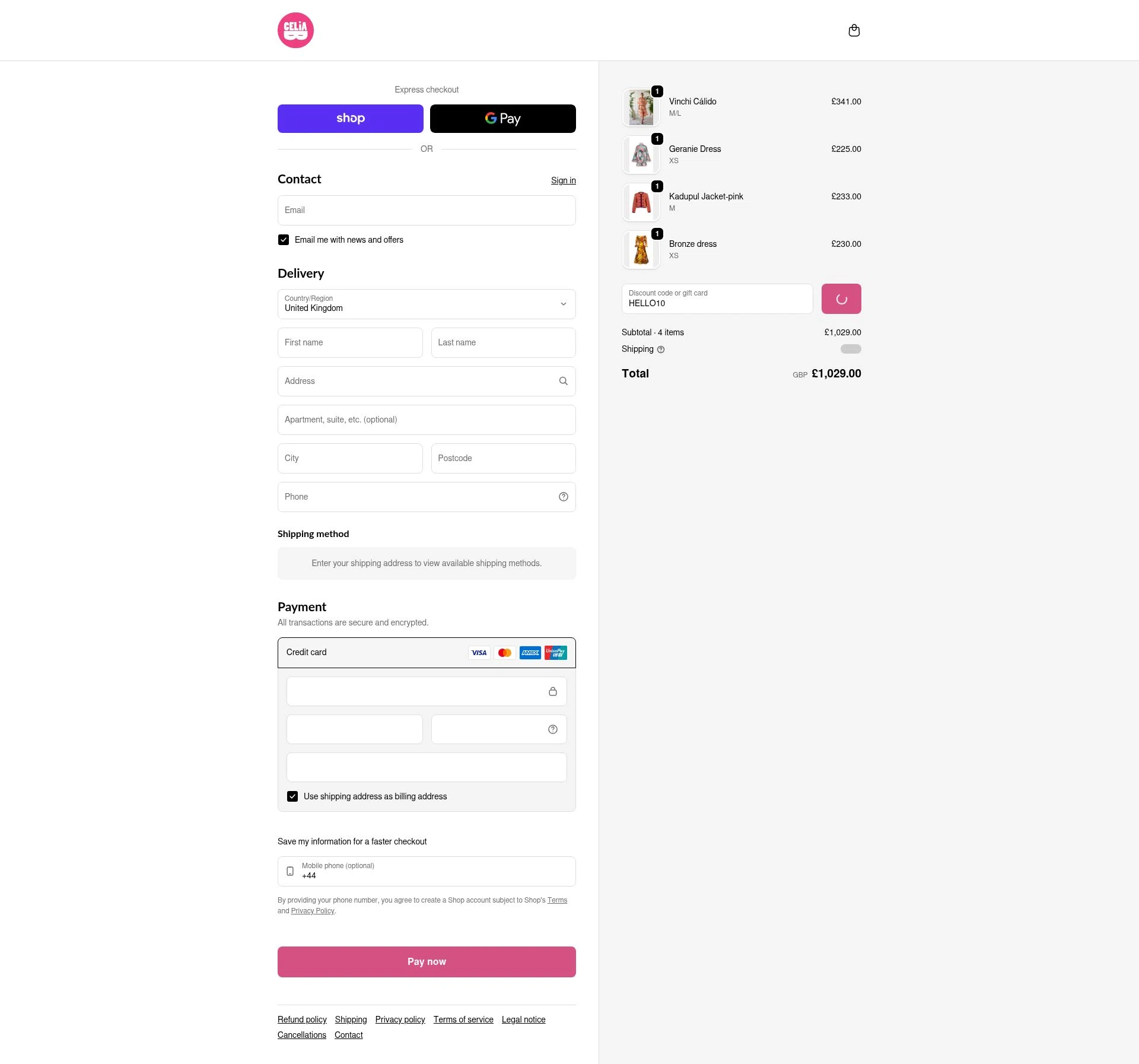 Celia B checkout page showing Celia B promo code box | Screenshot taken by SimplyCodes community member on Jan 31, 2026