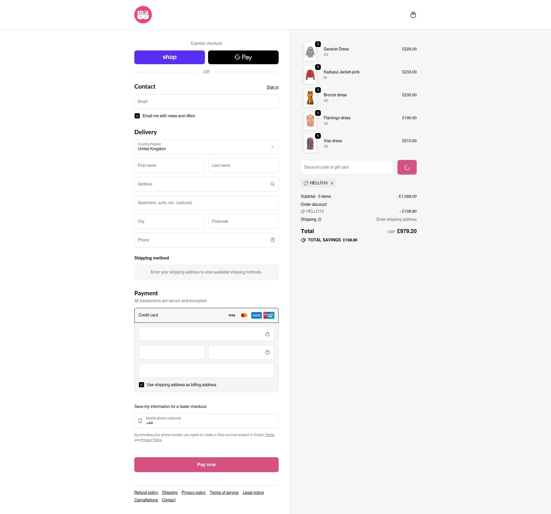 Celia B checkout page showing Celia B promo code box | Screenshot taken by SimplyCodes community member on Feb 8, 2026
