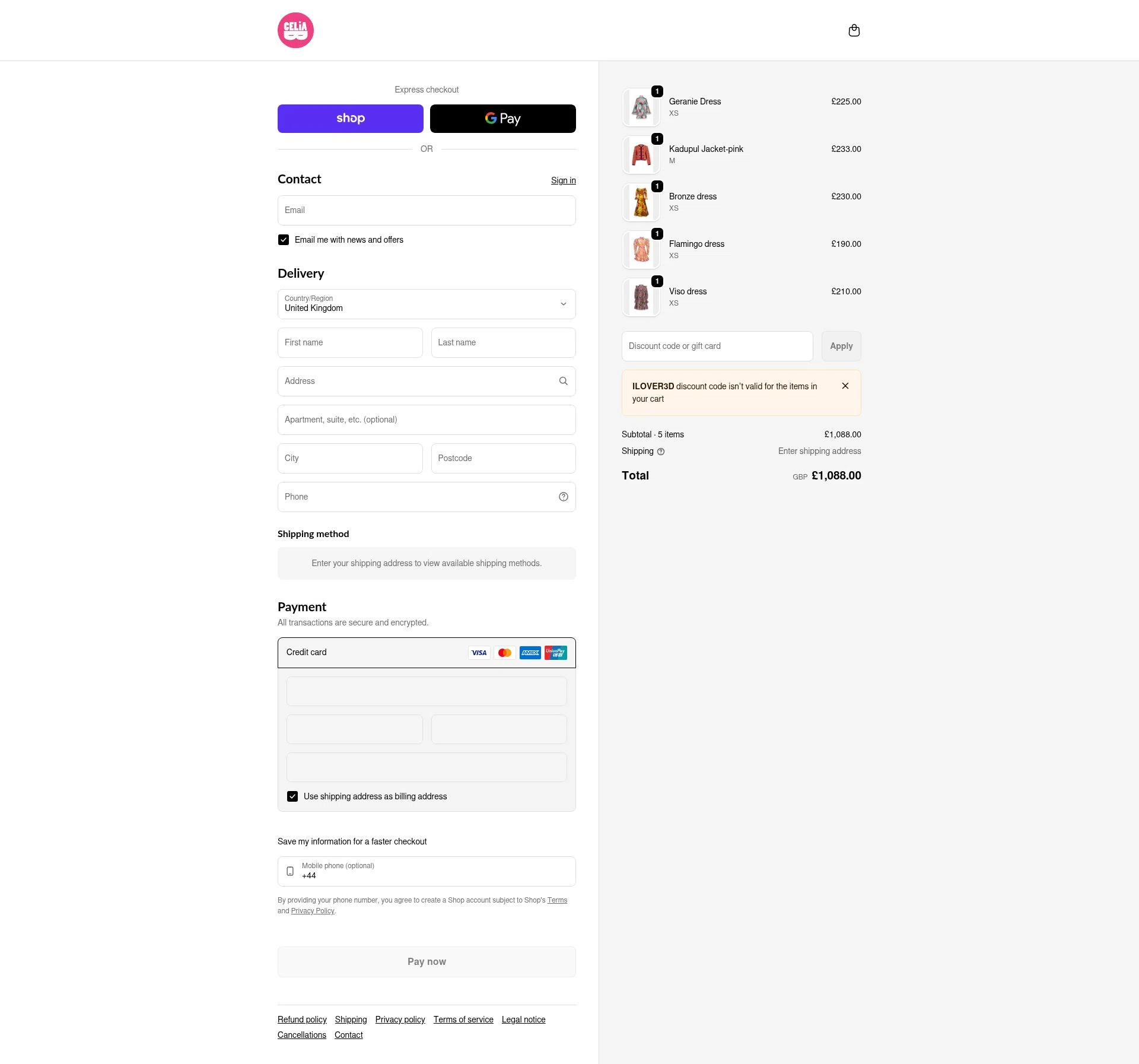 Celia B checkout page showing Celia B promo code box | Screenshot taken by SimplyCodes community member on Feb 8, 2026