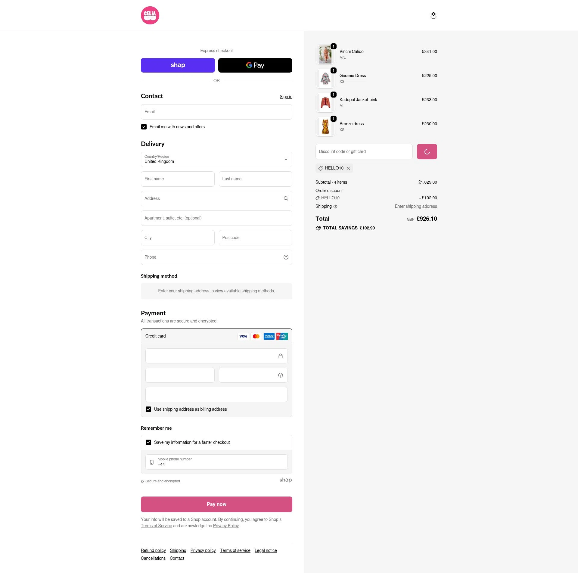 Celia B checkout page showing Celia B promo code box | Screenshot taken by SimplyCodes community member on Jan 22, 2026