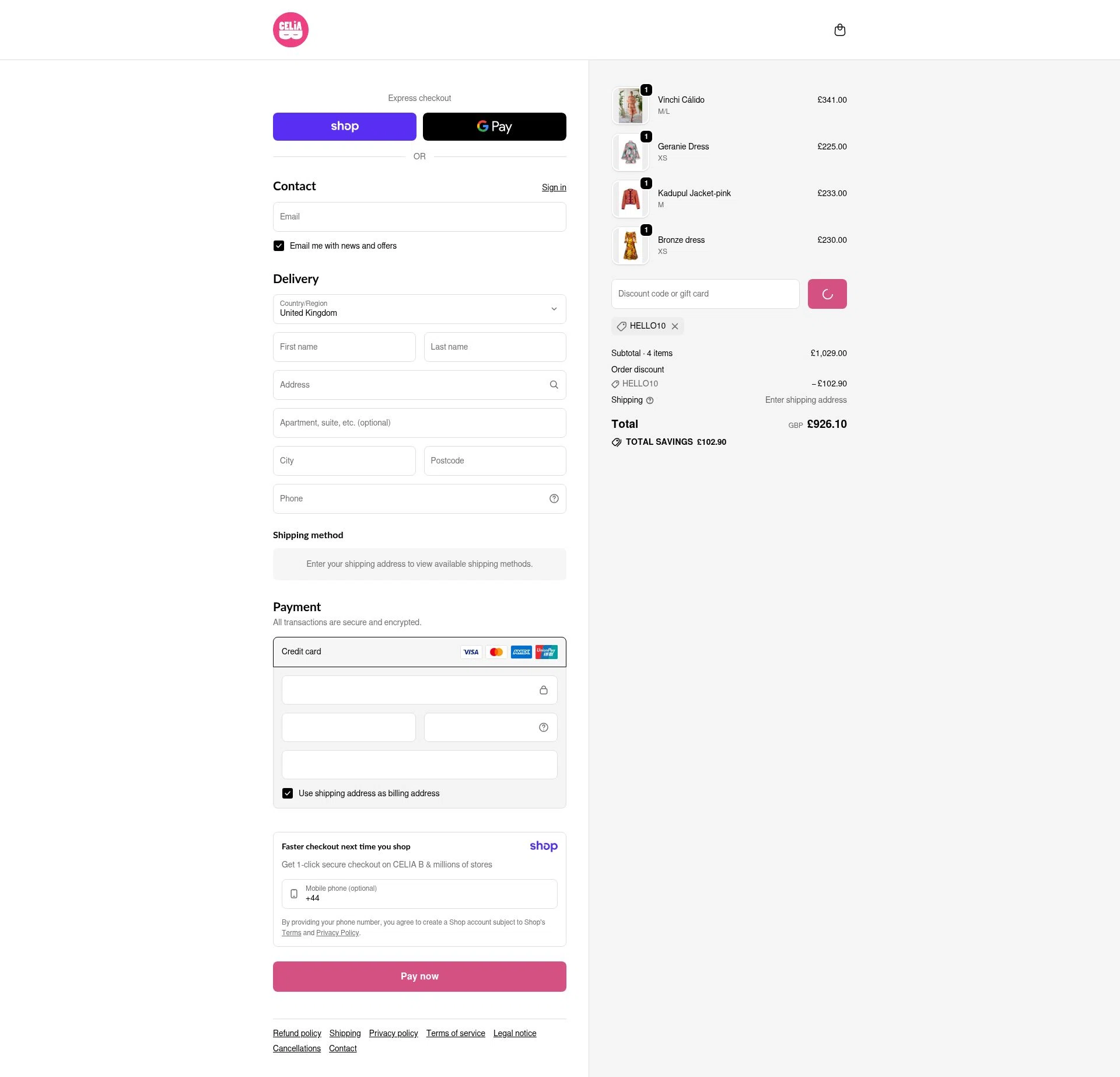Celia B checkout page showing Celia B promo code box | Screenshot taken by SimplyCodes community member on Jan 17, 2026