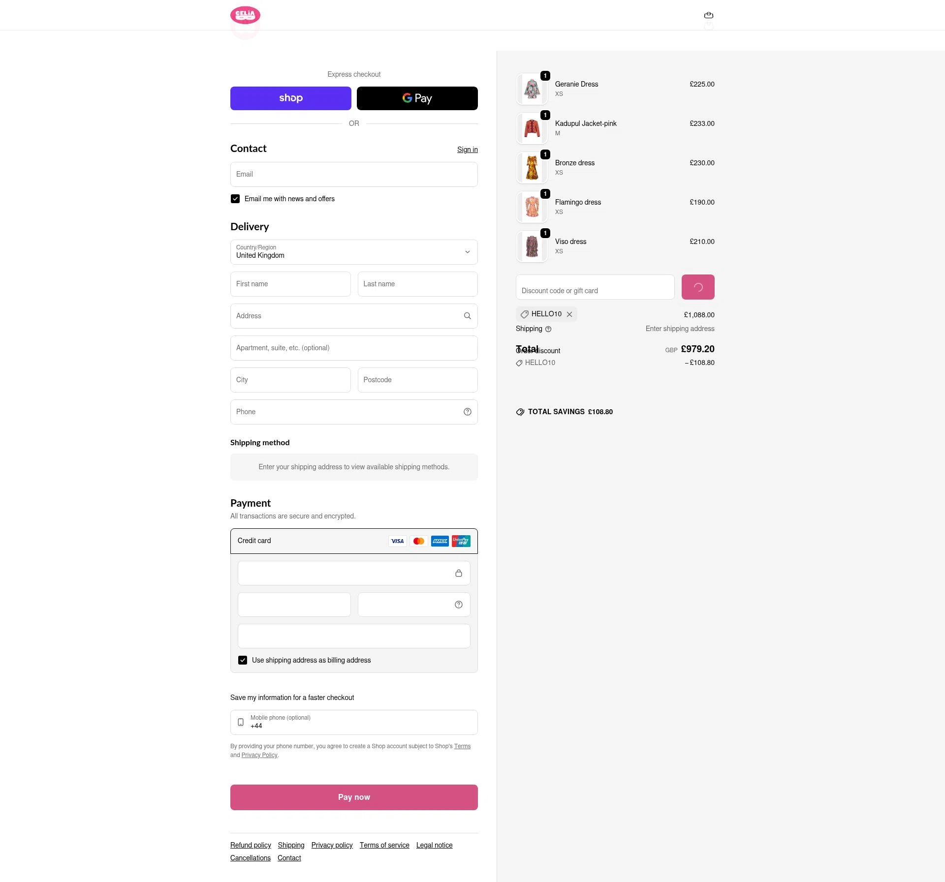 Celia B checkout page showing Celia B promo code box | Screenshot taken by SimplyCodes community member on Feb 13, 2026