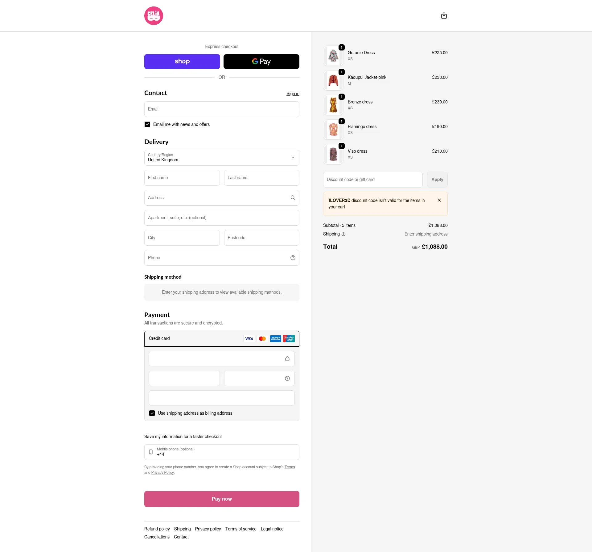 Celia B checkout page showing Celia B promo code box | Screenshot taken by SimplyCodes community member on Feb 4, 2026