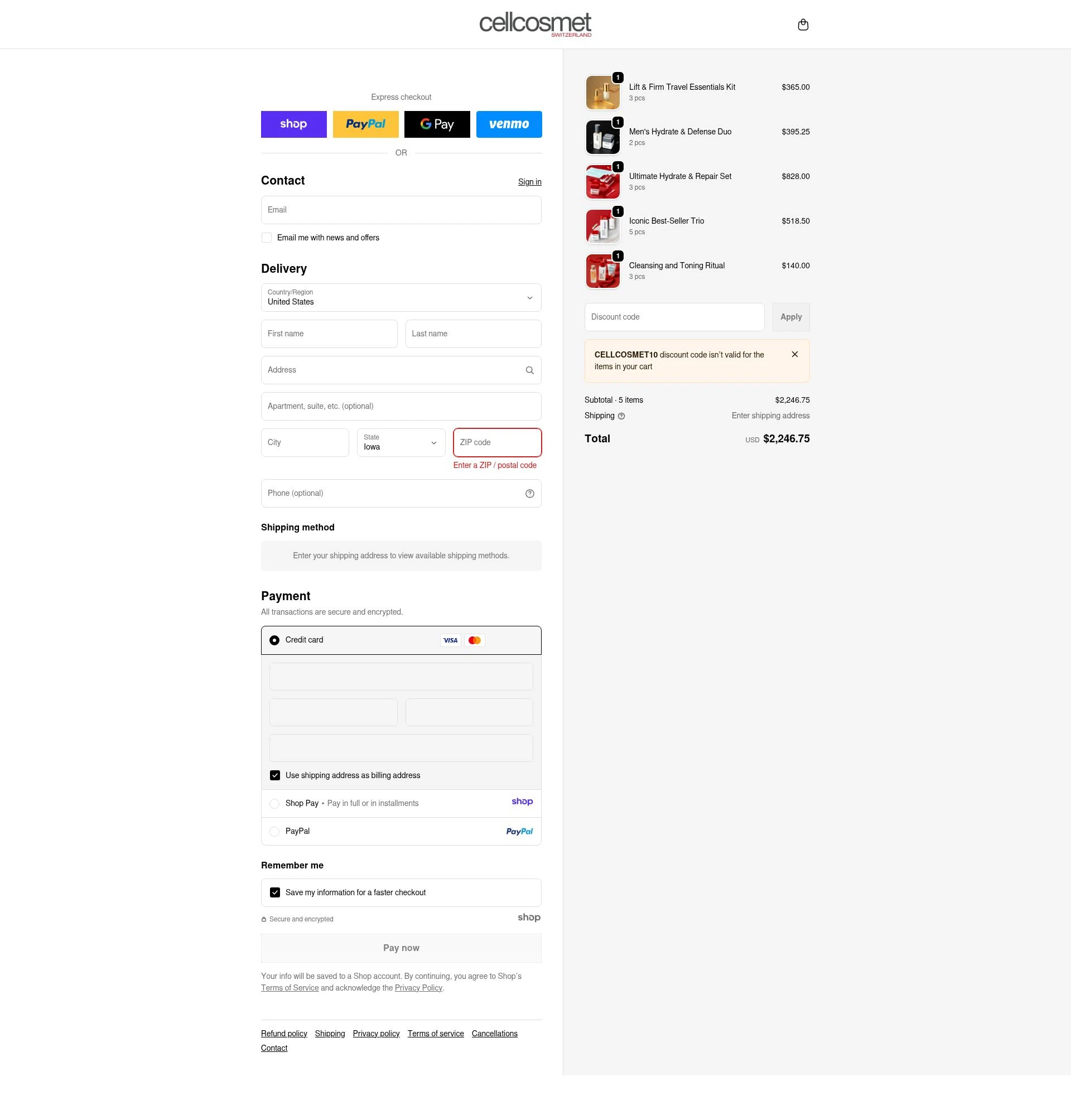 Cellcosmet checkout page showing Cellcosmet coupon code box | Screenshot taken by SimplyCodes community member on Dec 24, 2025