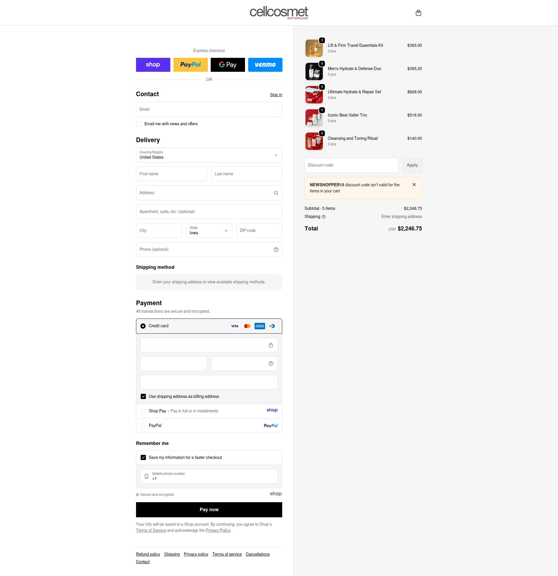 Cellcosmet checkout page showing Cellcosmet coupon code box | Screenshot taken by SimplyCodes community member on Dec 18, 2025