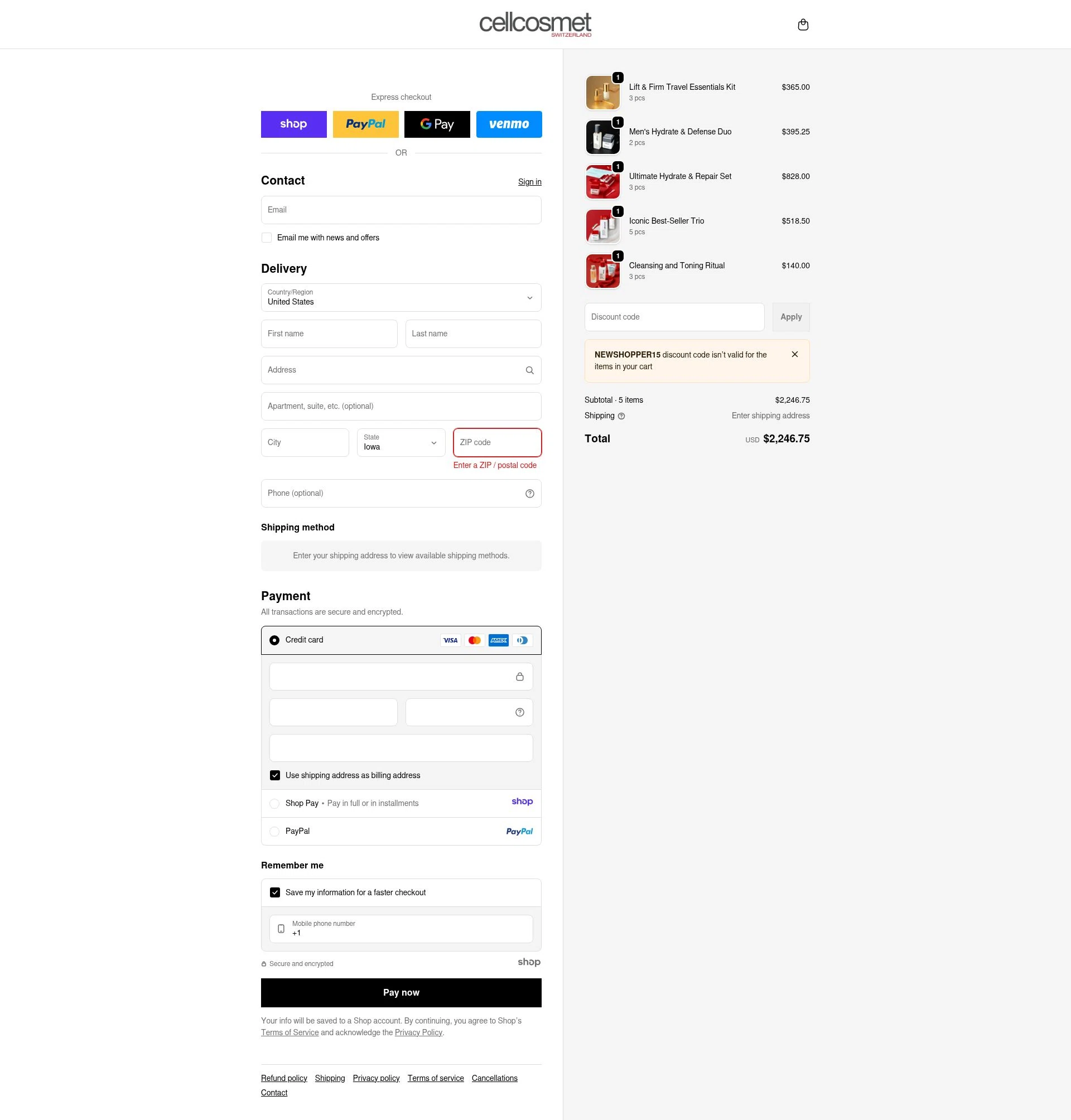 Cellcosmet checkout page showing Cellcosmet coupon code box | Screenshot taken by SimplyCodes community member on Dec 24, 2025