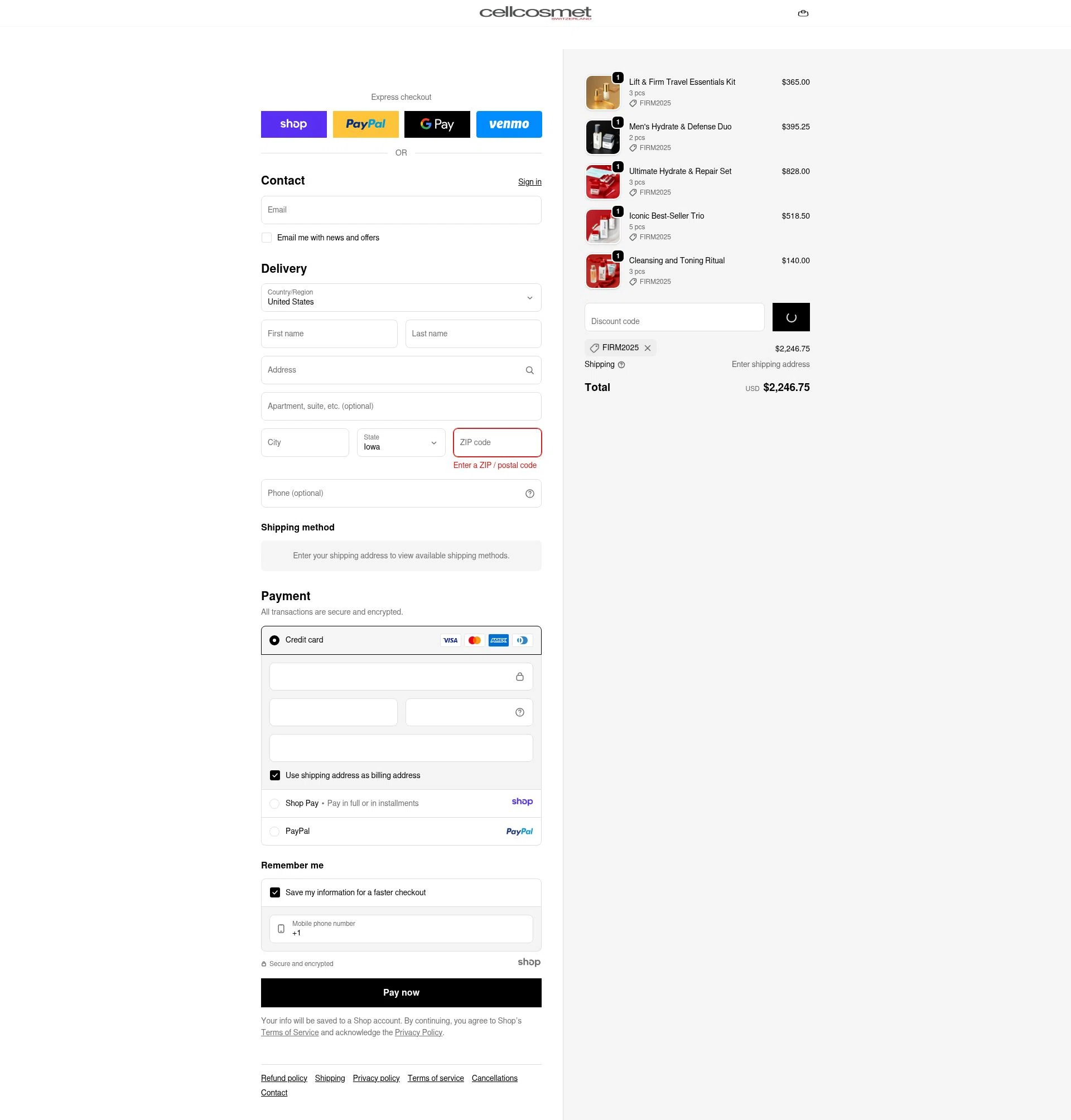 Cellcosmet checkout page showing Cellcosmet coupon code box | Screenshot taken by SimplyCodes community member on Dec 24, 2025