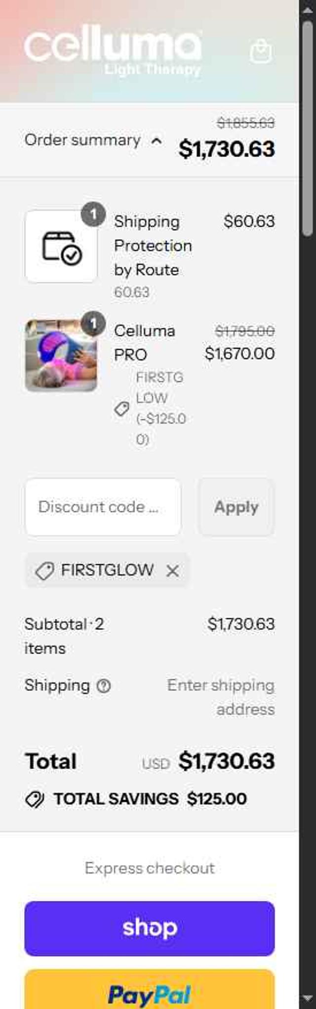 Celluma checkout page showing Celluma discount code box | Screenshot taken by SimplyCodes community member on Sep 9, 2025
