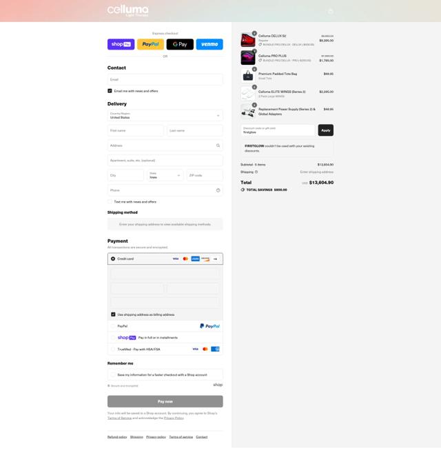 Celluma checkout page showing Celluma discount code box | Screenshot taken by SimplyCodes community member on Aug 10, 2025