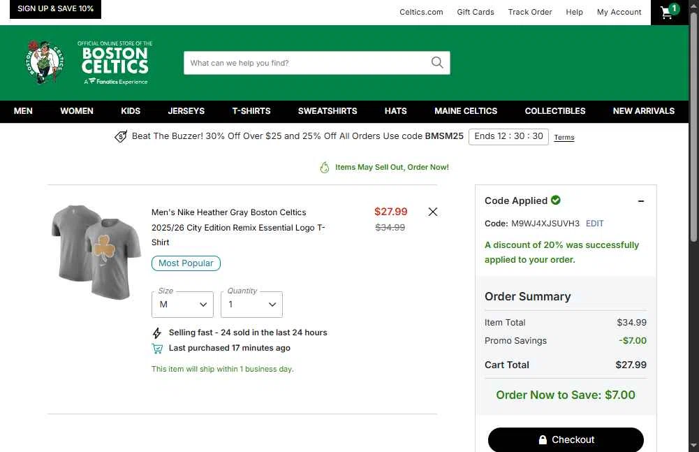 Boston Celtics Store checkout page showing Boston Celtics Store promo code box | Screenshot taken by SimplyCodes community member on Dec 16, 2025