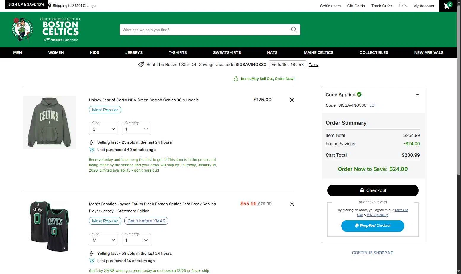 Boston Celtics Store checkout page showing Boston Celtics Store promo code box | Screenshot taken by SimplyCodes community member on Dec 15, 2025
