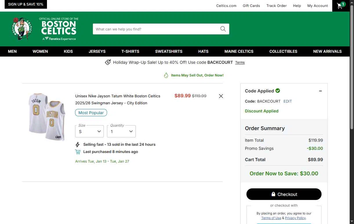 Boston Celtics Store checkout page showing Boston Celtics Store promo code box | Screenshot taken by SimplyCodes community member on Dec 29, 2025