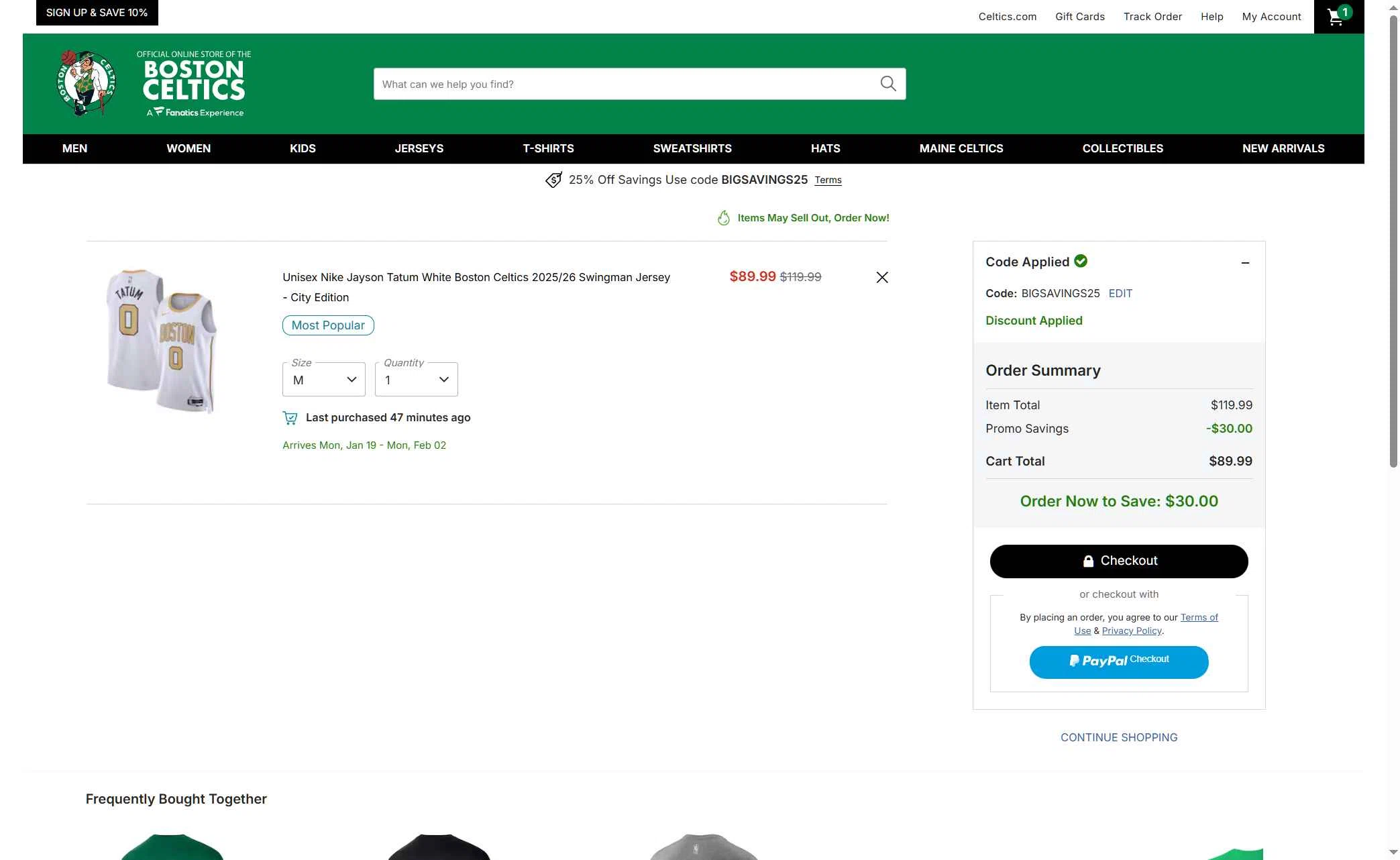 Boston Celtics Store checkout page showing Boston Celtics Store promo code box | Screenshot taken by SimplyCodes community member on Jan 2, 2026