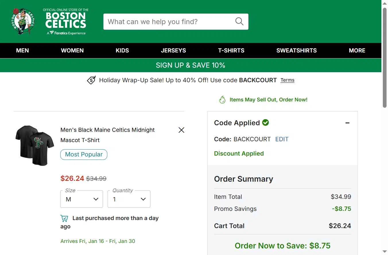 Boston Celtics Store checkout page showing Boston Celtics Store promo code box | Screenshot taken by SimplyCodes community member on Dec 23, 2025