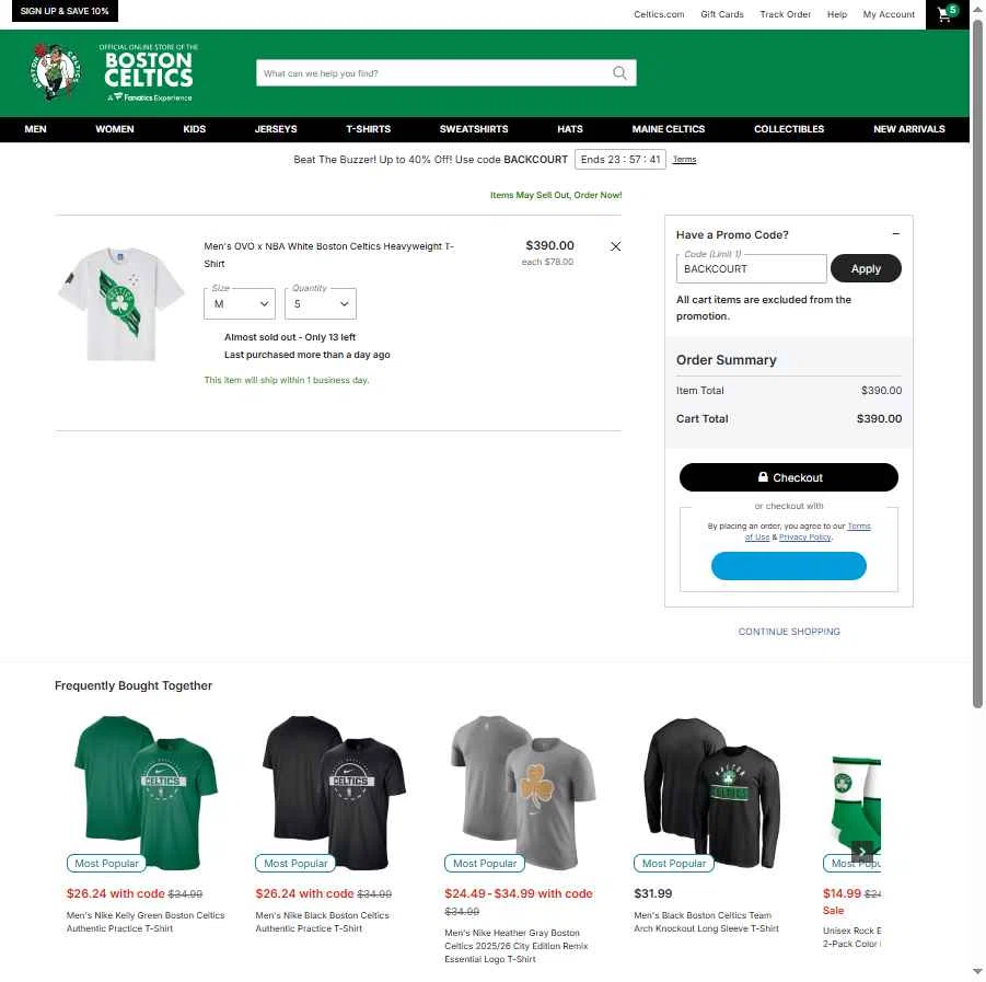 Boston Celtics Store checkout page showing Boston Celtics Store promo code box | Screenshot taken by SimplyCodes community member on Dec 17, 2025