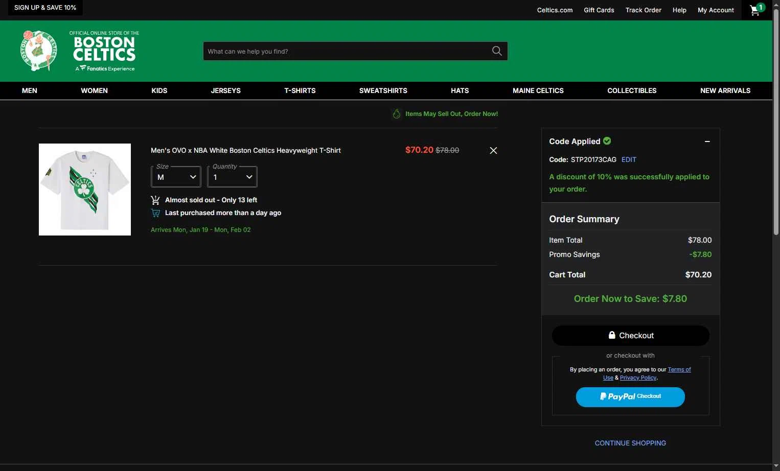 Boston Celtics Store checkout page showing Boston Celtics Store promo code box | Screenshot taken by SimplyCodes community member on Jan 2, 2026