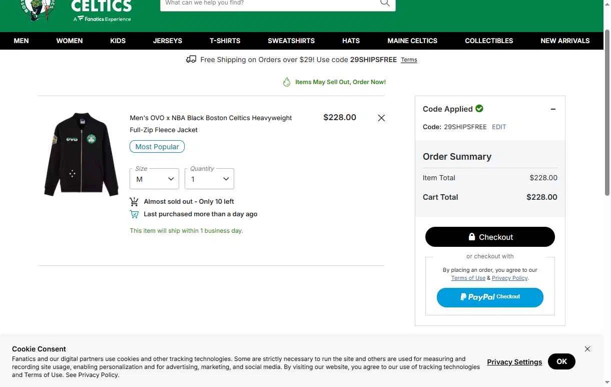 Boston Celtics Store checkout page showing Boston Celtics Store promo code box | Screenshot taken by SimplyCodes community member on Jan 11, 2026