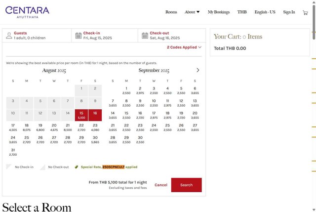 Centara Hotels & Resorts checkout page showing Centara Hotels & Resorts promo code box | Screenshot taken by SimplyCodes community member on Aug 15, 2025