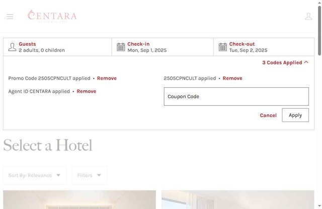 Centara Hotels & Resorts checkout page showing Centara Hotels & Resorts promo code box | Screenshot taken by SimplyCodes community member on Sep 1, 2025
