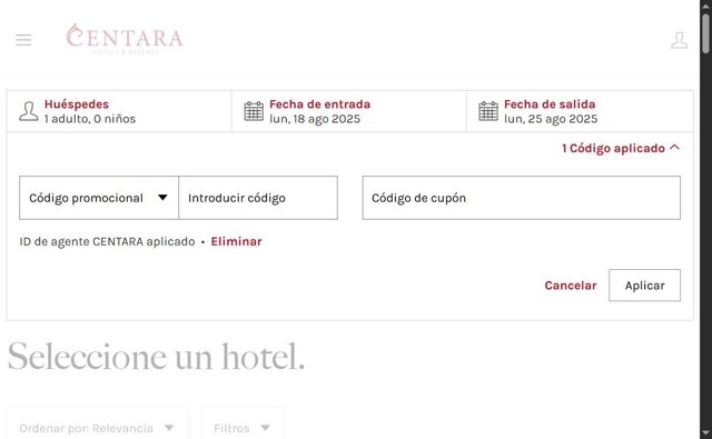 Centara Hotels & Resorts checkout page showing Centara Hotels & Resorts promo code box | Screenshot taken by SimplyCodes community member on Aug 18, 2025
