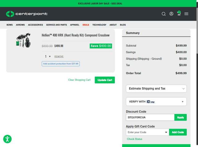 CenterPoint checkout page showing CenterPoint promo code box | Screenshot taken by SimplyCodes community member on Aug 26, 2025