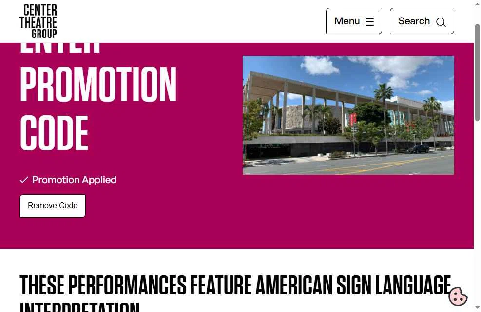 Center Theatre Group checkout page showing Center Theatre Group promo code box | Screenshot taken by SimplyCodes community member on Jan 28, 2026