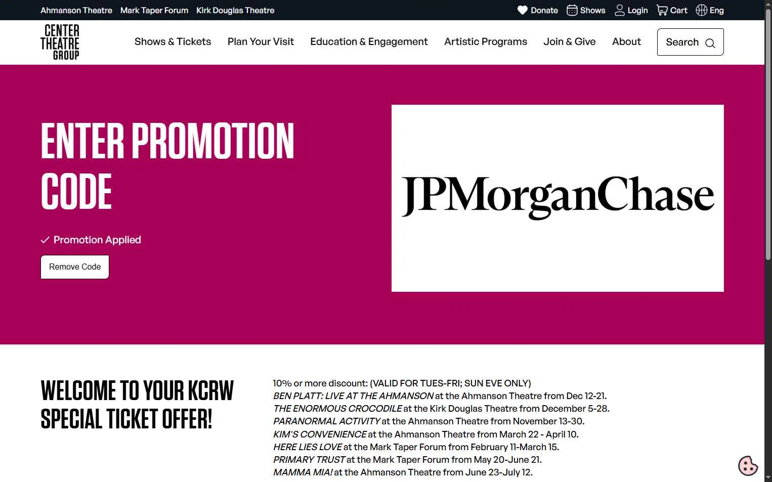 Center Theatre Group checkout page showing Center Theatre Group promo code box | Screenshot taken by SimplyCodes community member on Jan 28, 2026