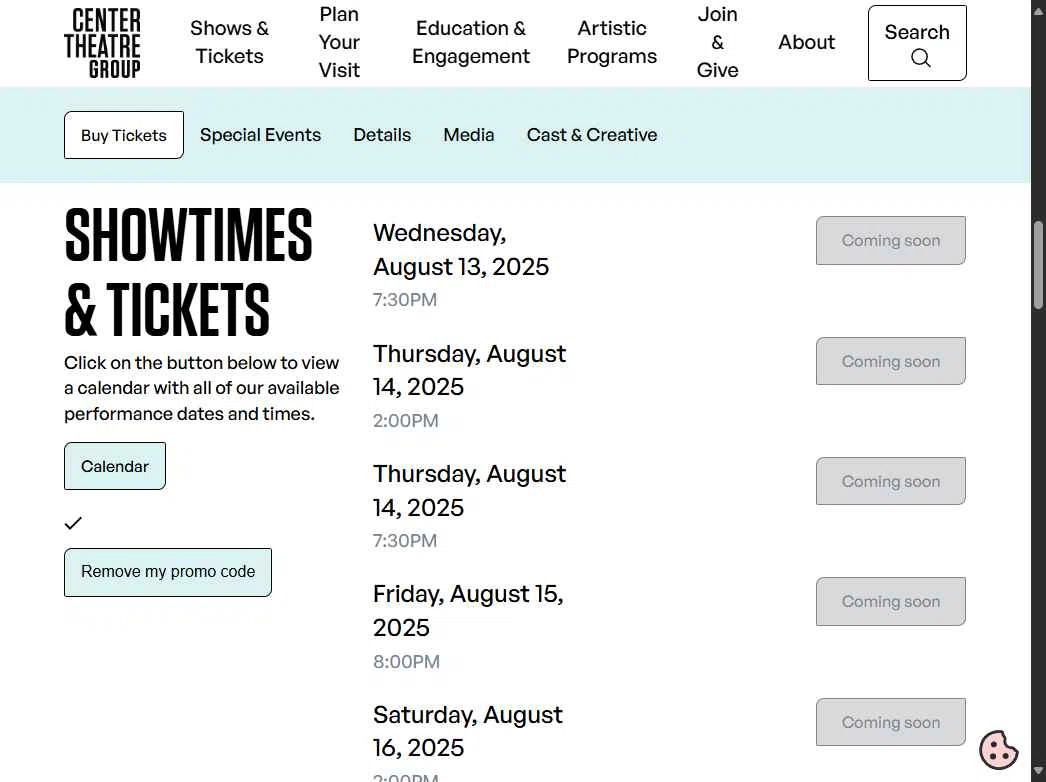 Center Theatre Group checkout page showing Center Theatre Group promo code box | Screenshot taken by SimplyCodes community member on Jul 12, 2025