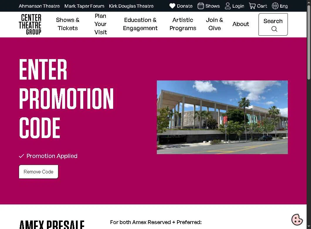 Center Theatre Group checkout page showing Center Theatre Group promo code box | Screenshot taken by SimplyCodes community member on Sep 3, 2025