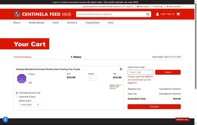 Centinela Feed checkout page showing Centinela Feed promo code box | Screenshot taken by SimplyCodes community member on Sep 3, 2025