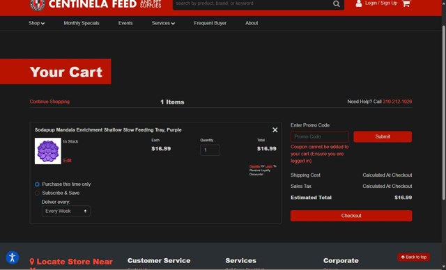 Centinela Feed checkout page showing Centinela Feed promo code box | Screenshot taken by SimplyCodes community member on Aug 28, 2025