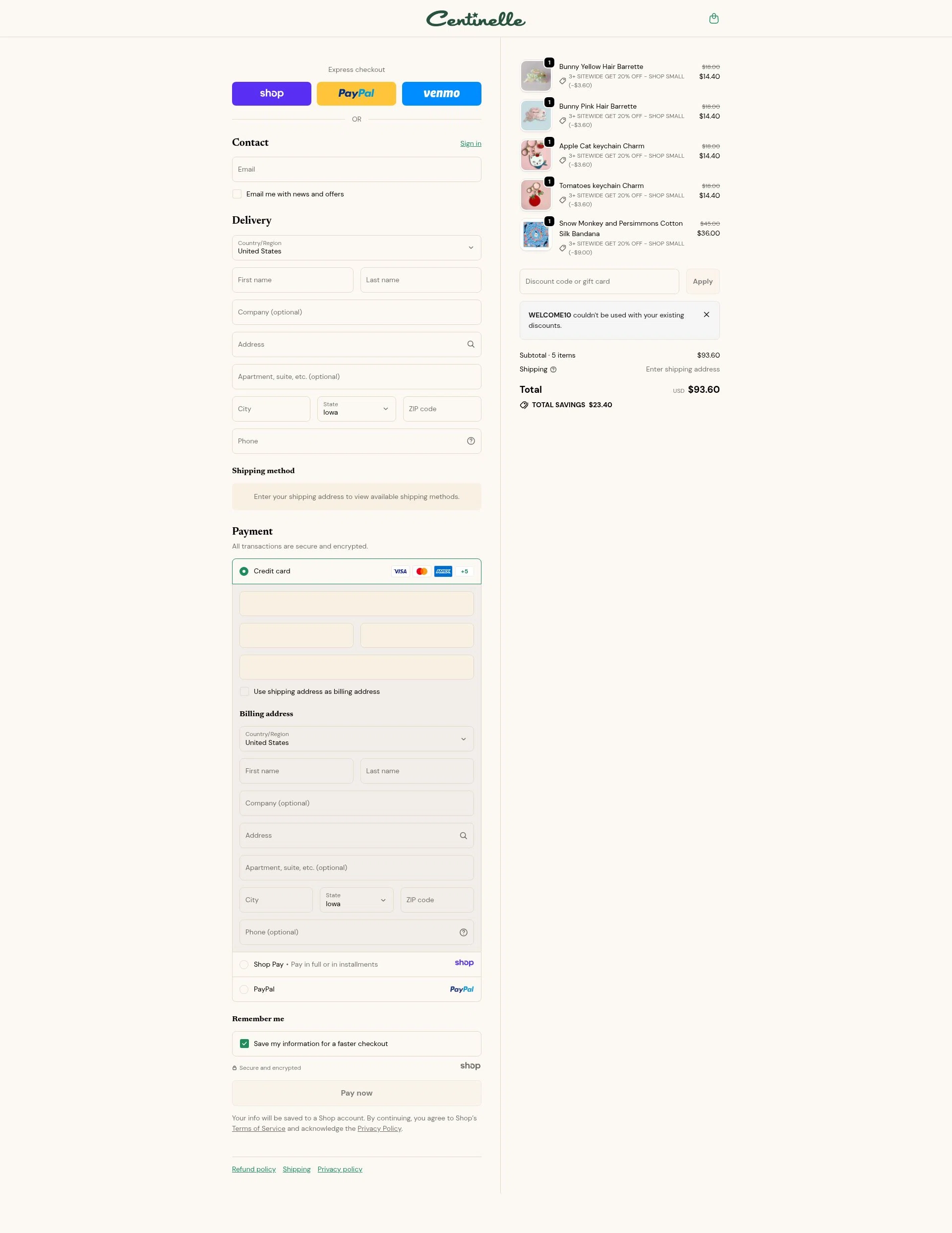 Centinelle checkout page showing Centinelle promo code box | Screenshot taken by SimplyCodes community member on Dec 24, 2025