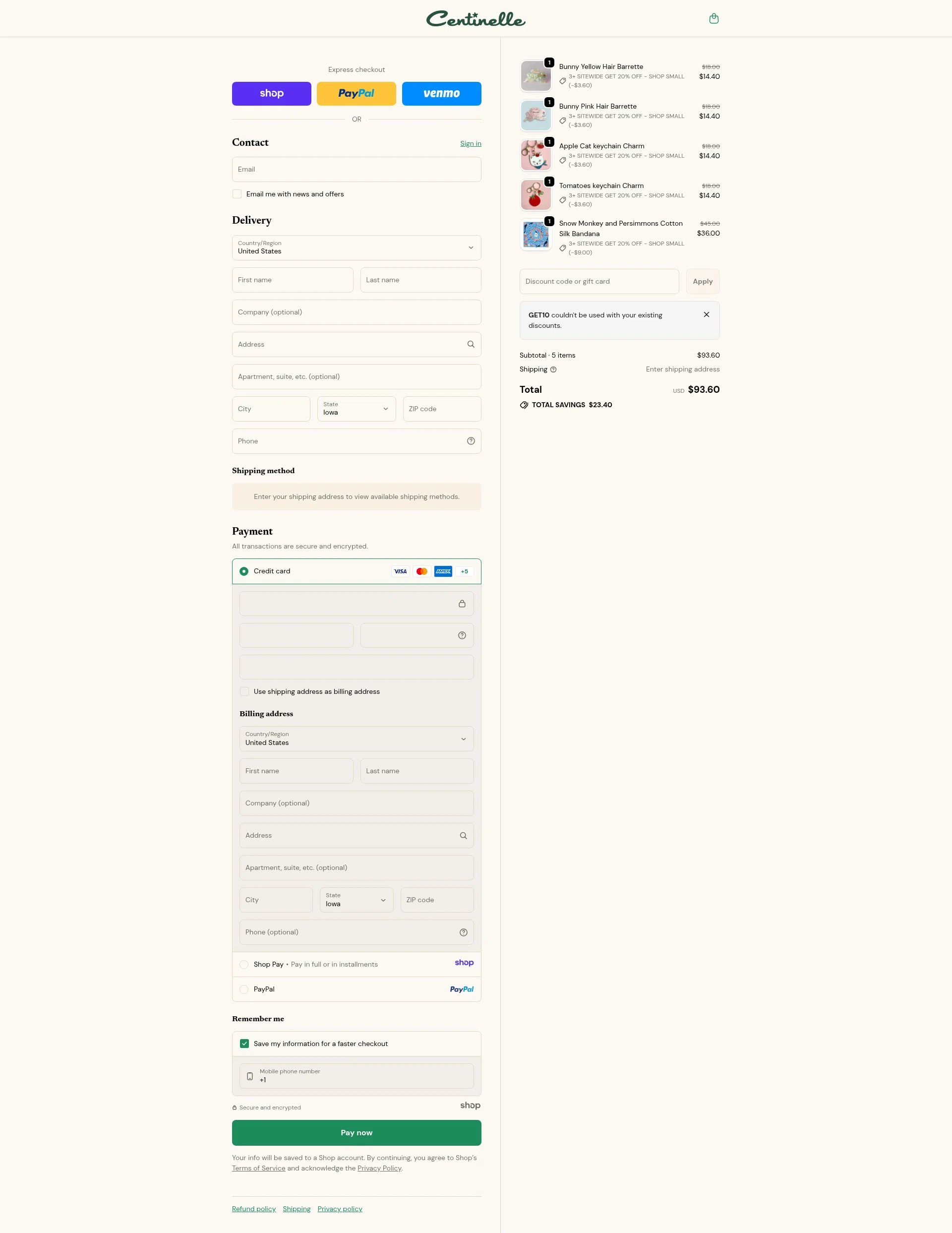 Centinelle checkout page showing Centinelle promo code box | Screenshot taken by SimplyCodes community member on Dec 29, 2025