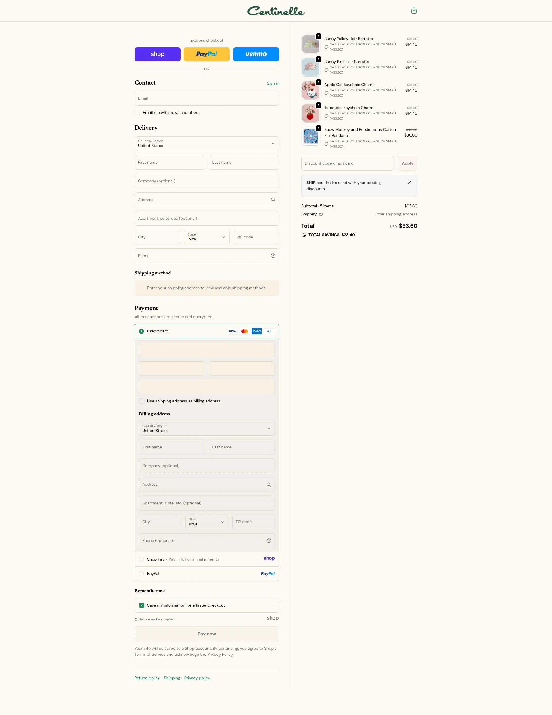 Centinelle checkout page showing Centinelle promo code box | Screenshot taken by SimplyCodes community member on Dec 24, 2025