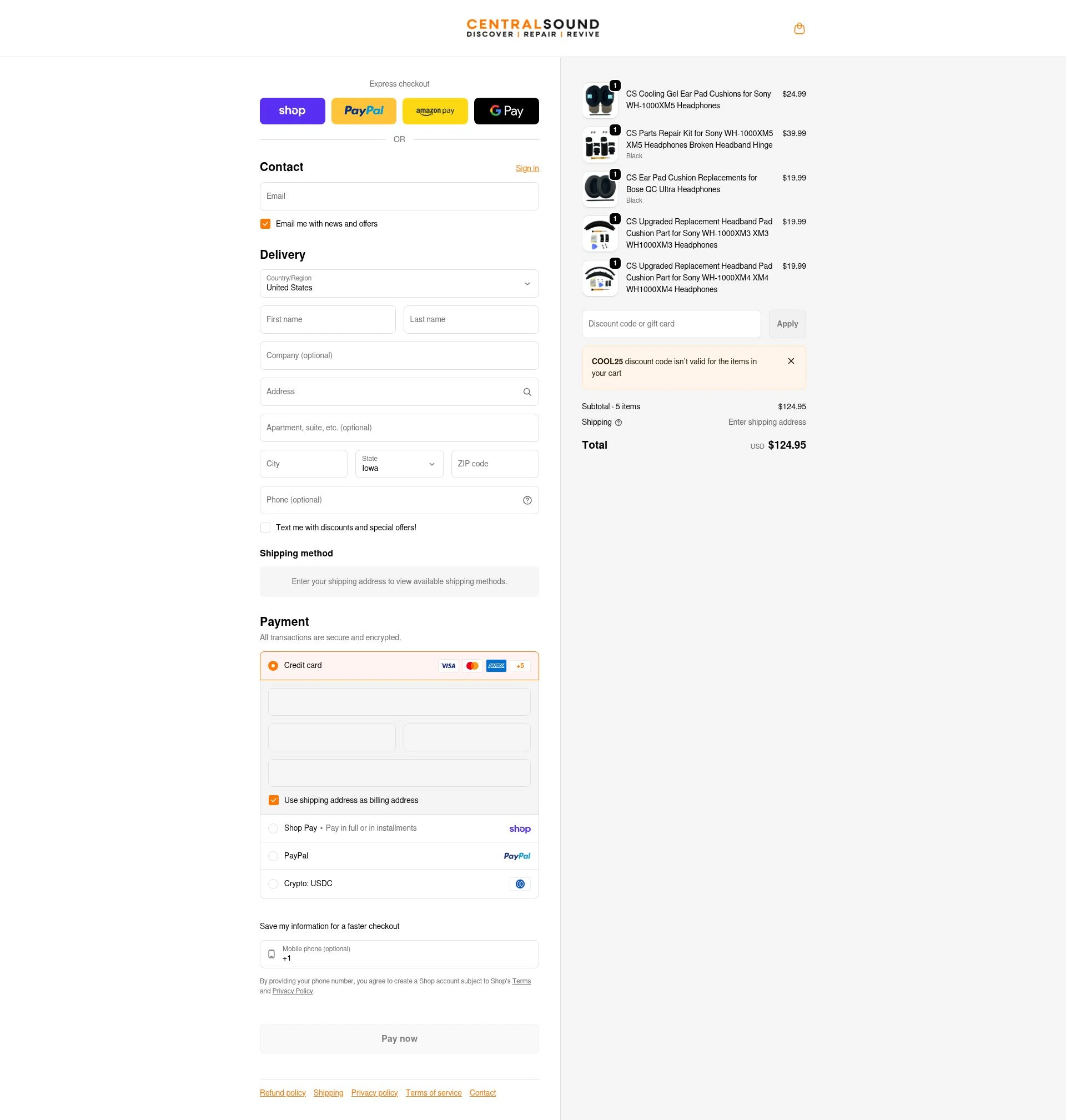 CentralSound checkout page showing CentralSound promo code box | Screenshot taken by SimplyCodes community member on Feb 8, 2026